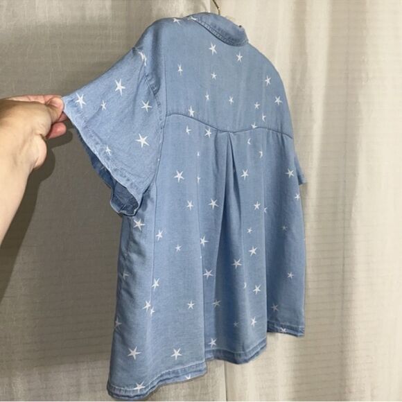 JANE + DELANCEY M-L VINTAGE WASH LIGHT BLUE WHITE STAR SHORT SLEEVE BUTTON SHIRT - Picture 7 of 11